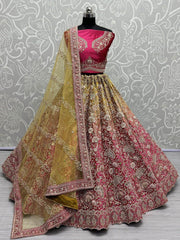 Lovely Pink Embroidered Velvet Bridal Lehenga Choli With Dupatta - Ethnic Plus In