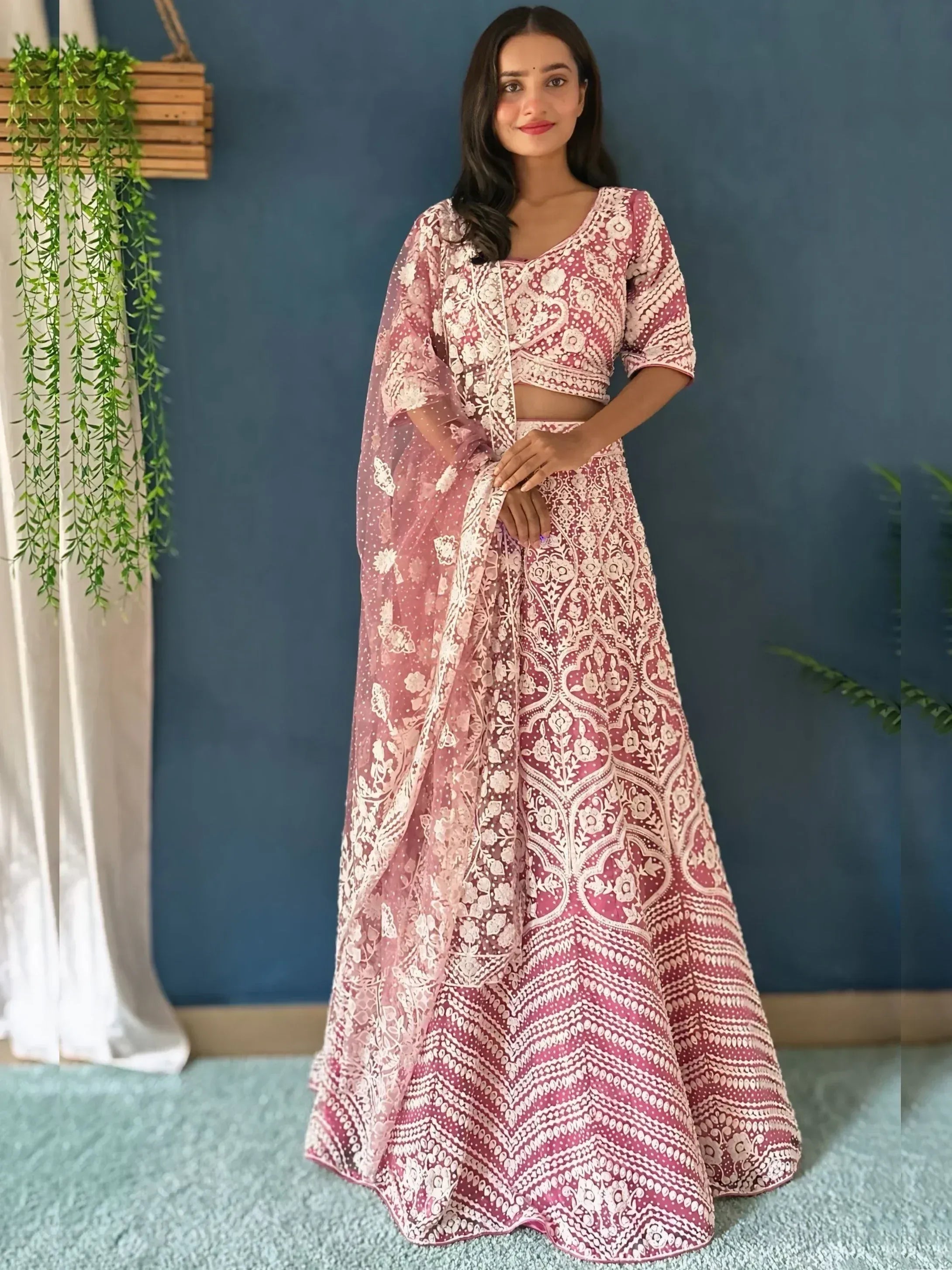 Pink and white floral print lehenga choli with sheer dupatta, Indian ethnic wear for women