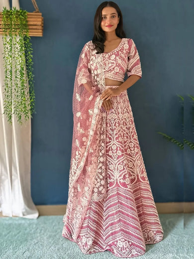 Lovely Pink Pearl Work Net Wedding Wear Lehenga Choli With Dupatta - Ethnic Plus In