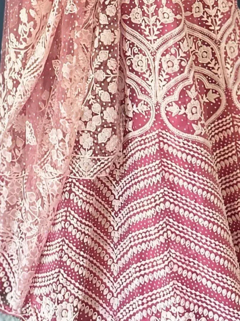 Pink floral and geometric printed ethnic lehenga skirt with sheer overlay