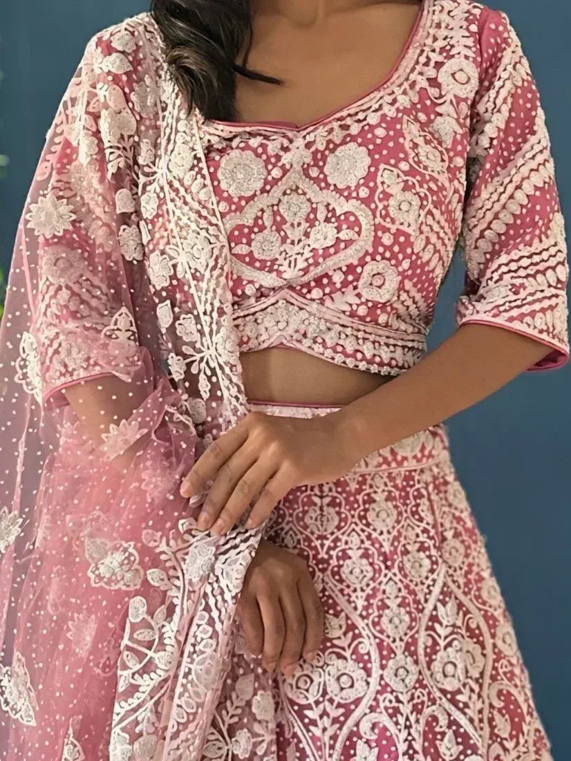 Pink floral embroidered lehenga choli with sheer dupatta, Indian ethnic wear