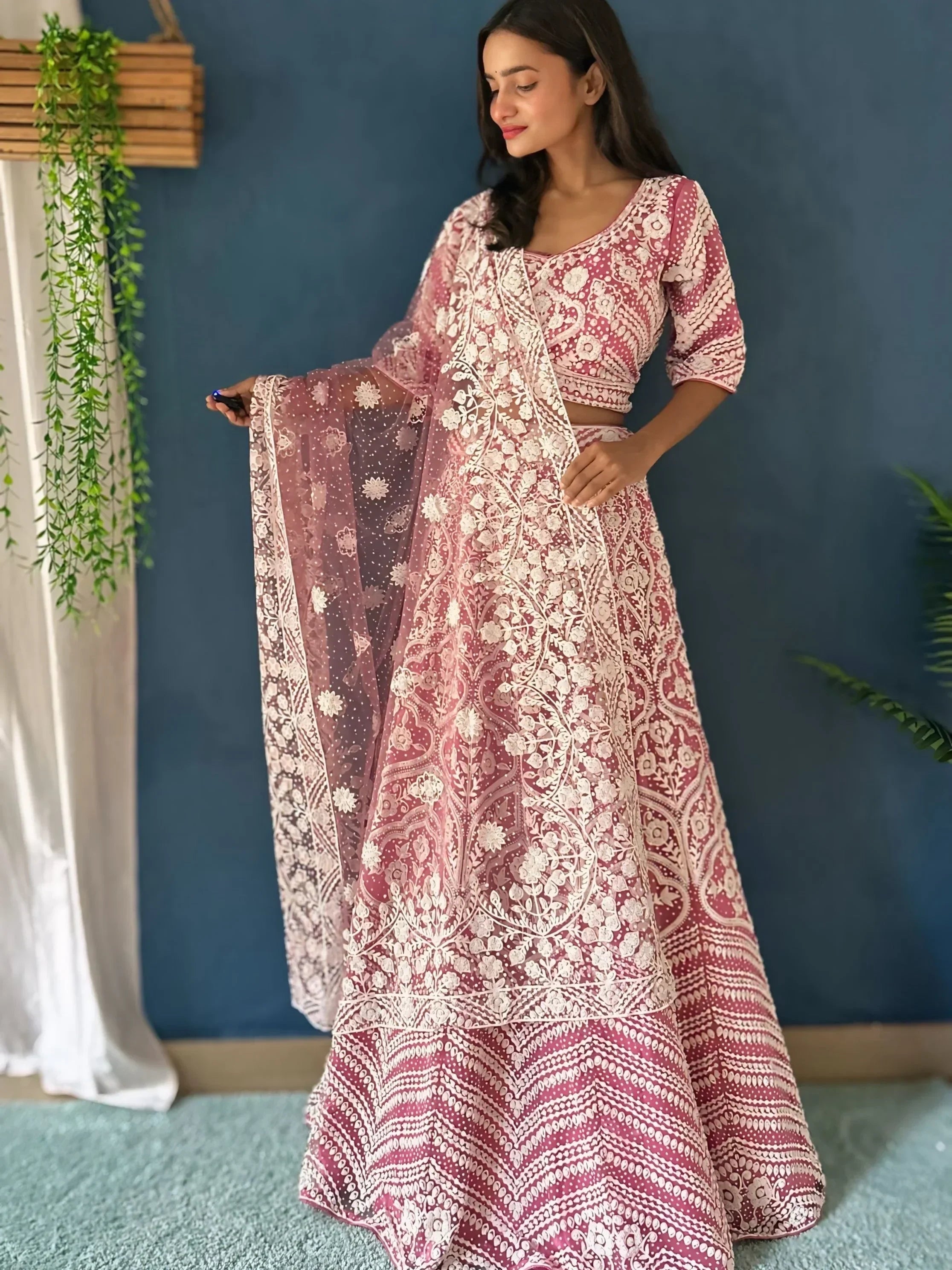 Pink floral print lehenga choli with sheer dupatta, ethnic Indian wear for women