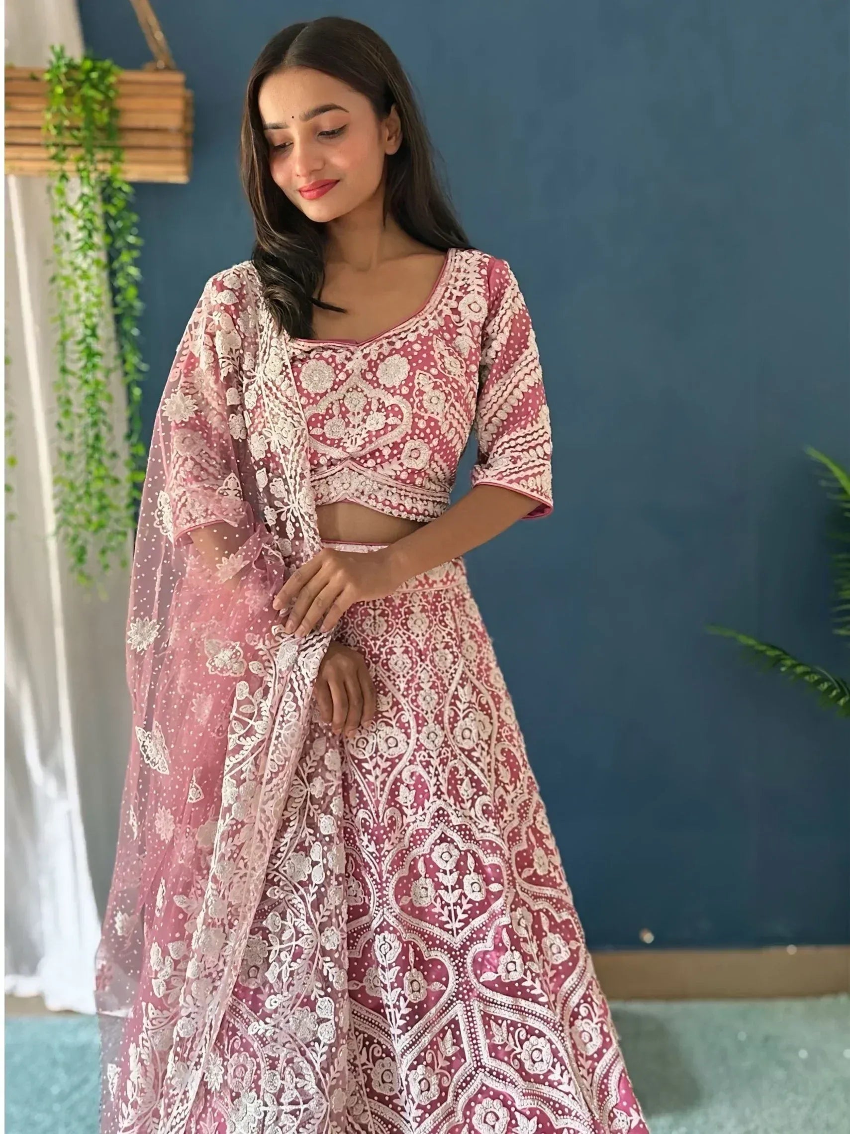 Pink floral embroidered lehenga choli with matching dupatta, Indian ethnic wear for women
