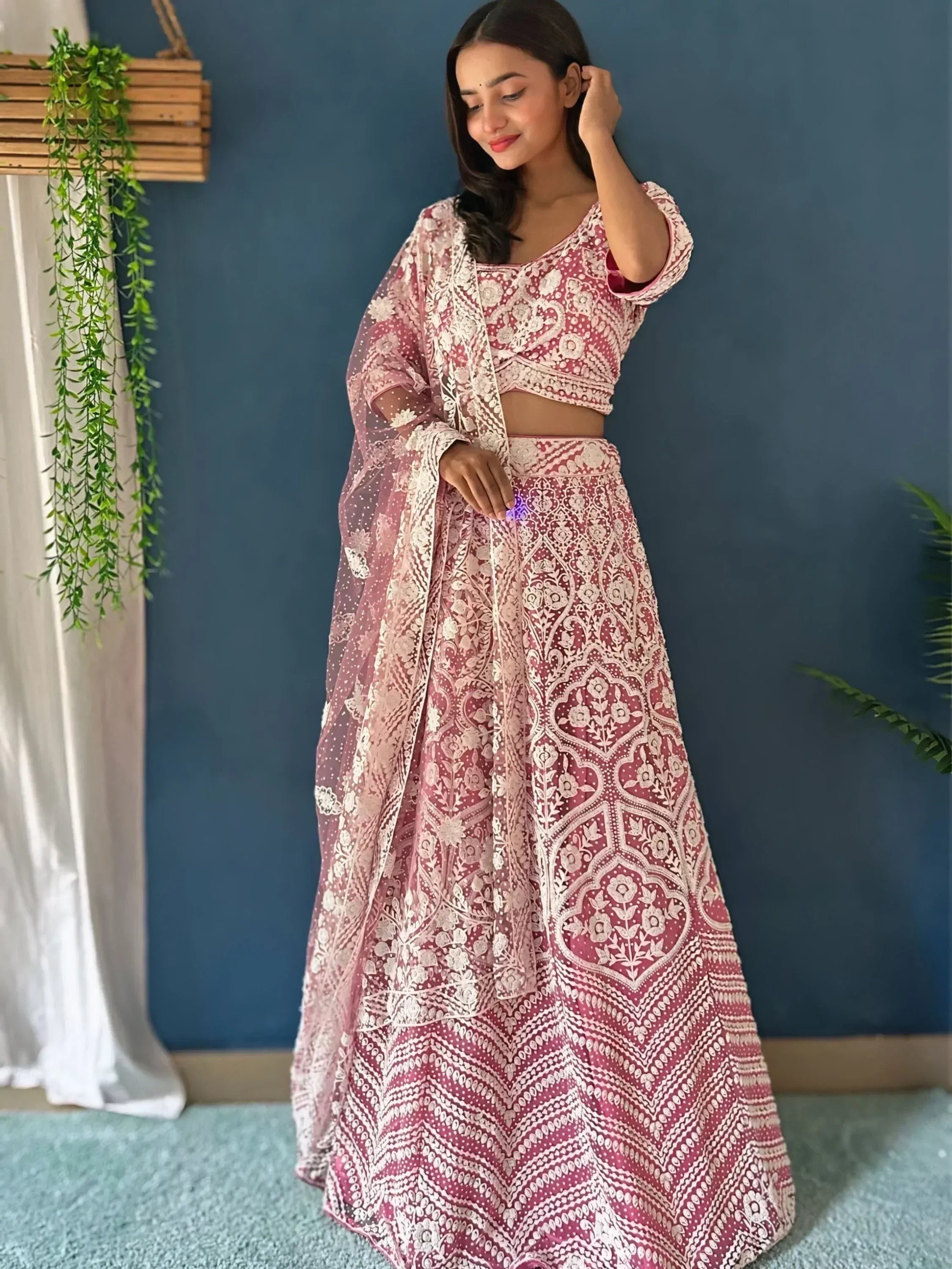 Pink and white floral print lehenga choli with sheer dupatta, Indian ethnic wear for women
