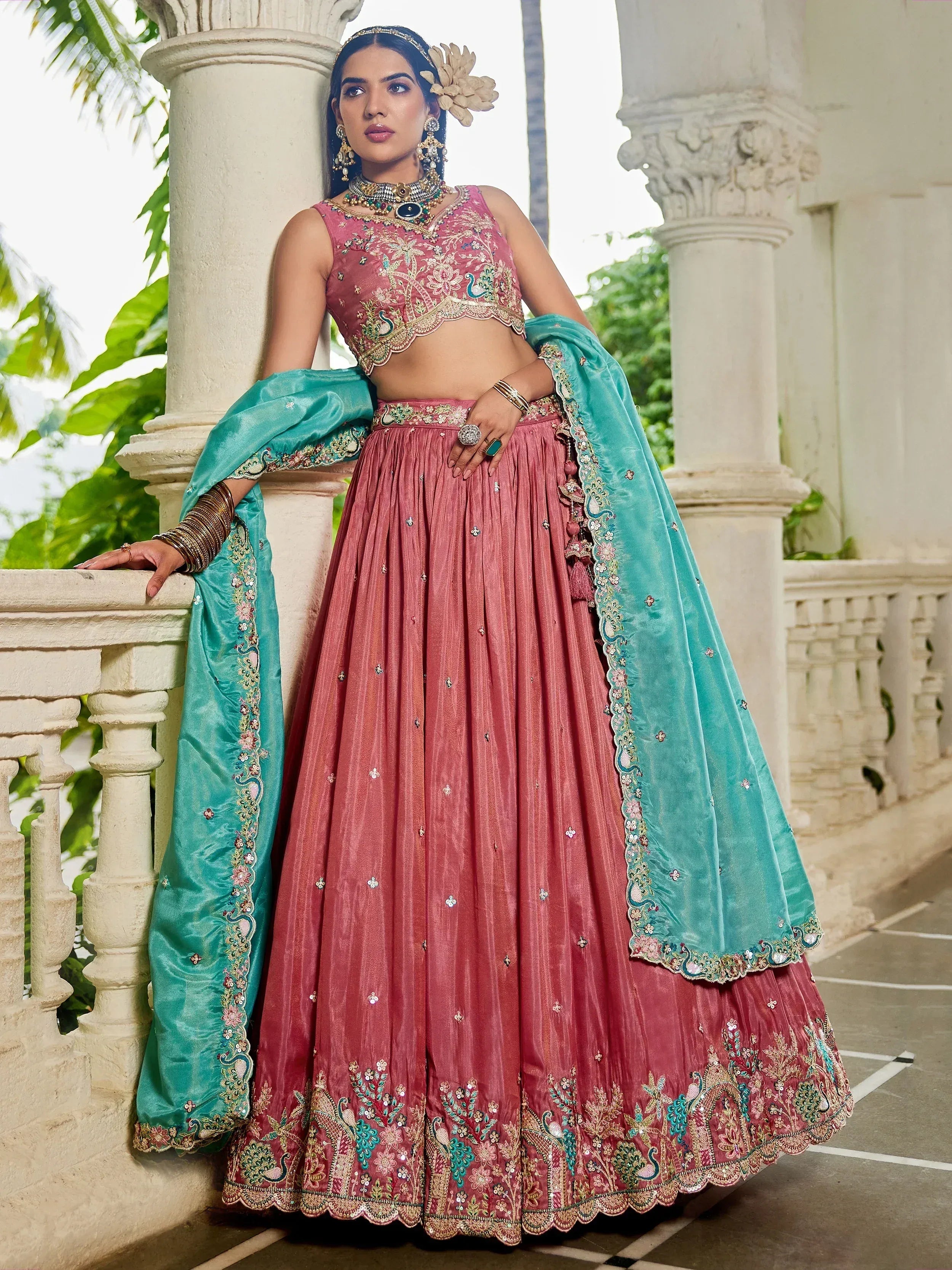 Pink embroidered lehenga choli with teal dupatta, Indian ethnic wear for weddings and festivals