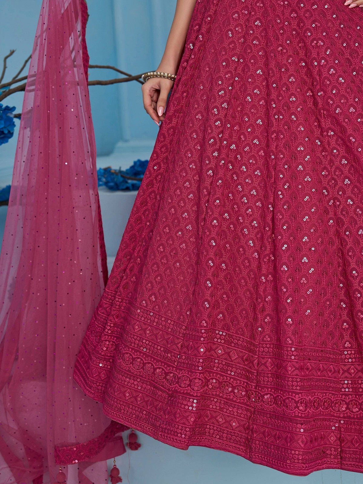 Pink sequin-embellished lehenga with matching dupatta, ideal for Indian ethnic wear occasions