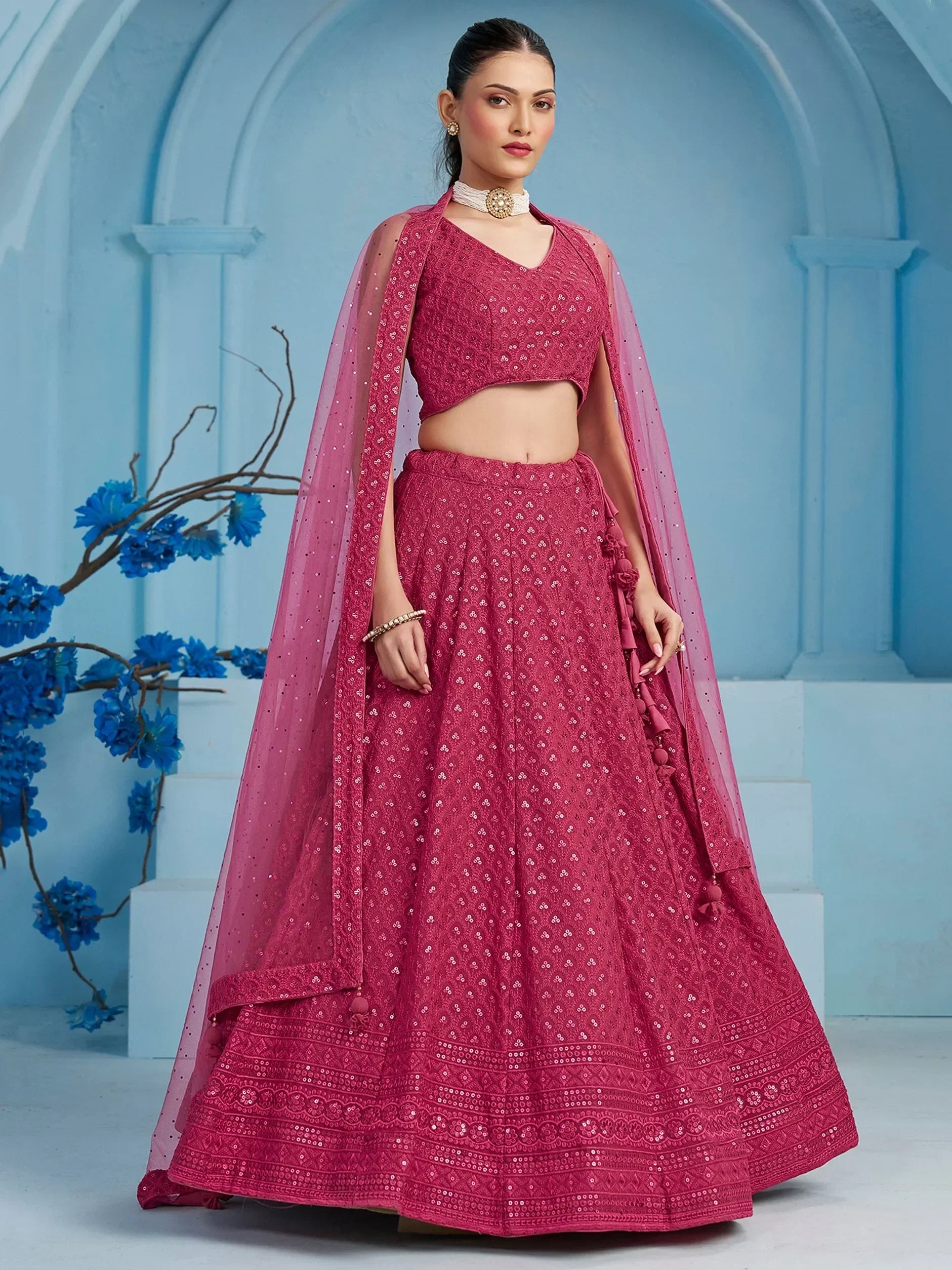 Pink sequin lehenga choli with cape, Indian ethnic wear for weddings and parties