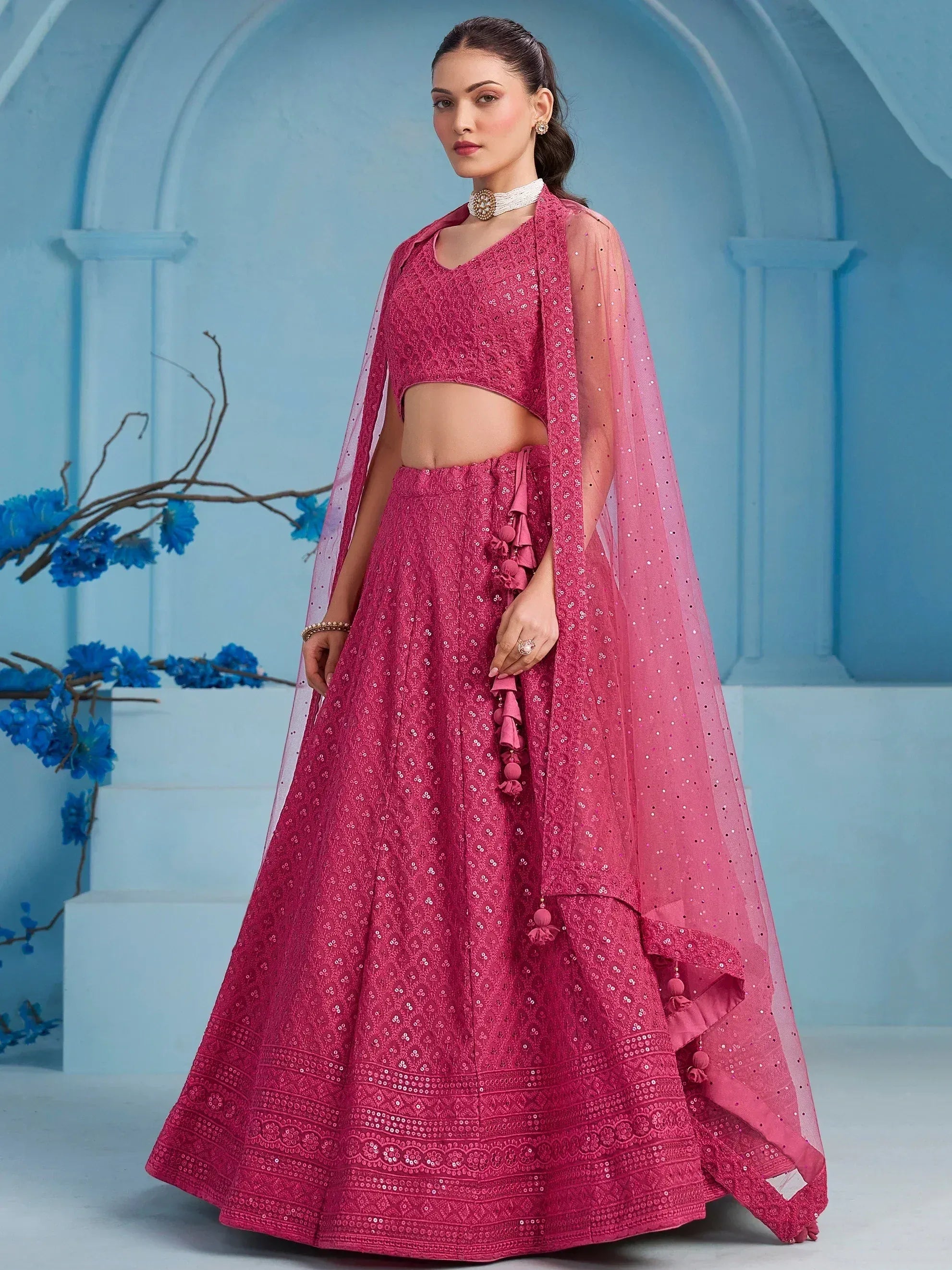 Pink sequin lehenga choli with sheer dupatta, Indian ethnic wear for weddings and parties