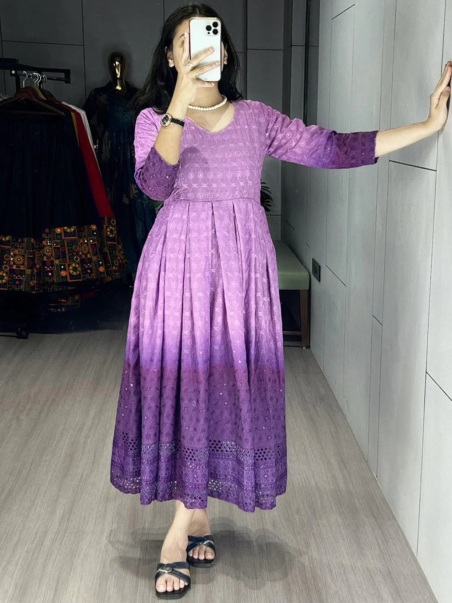 Purple ombre ethnic gown with floral embroidery, perfect for Indian wear occasions