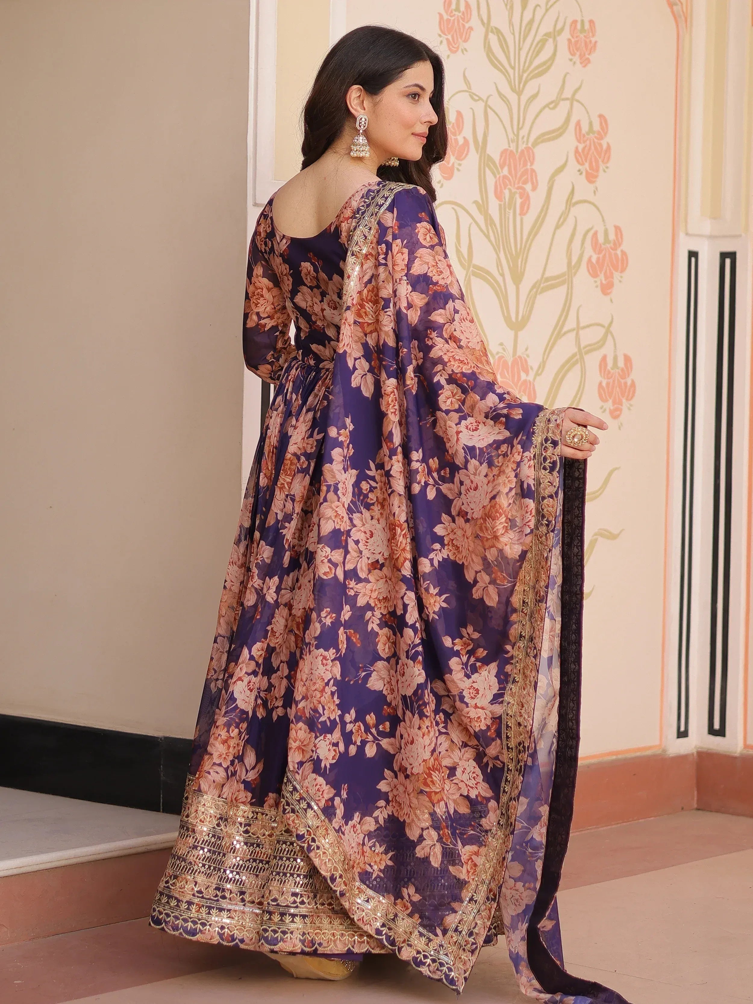 Purple floral printed anarkali with gold embroidery, ethnic Indian wear for women