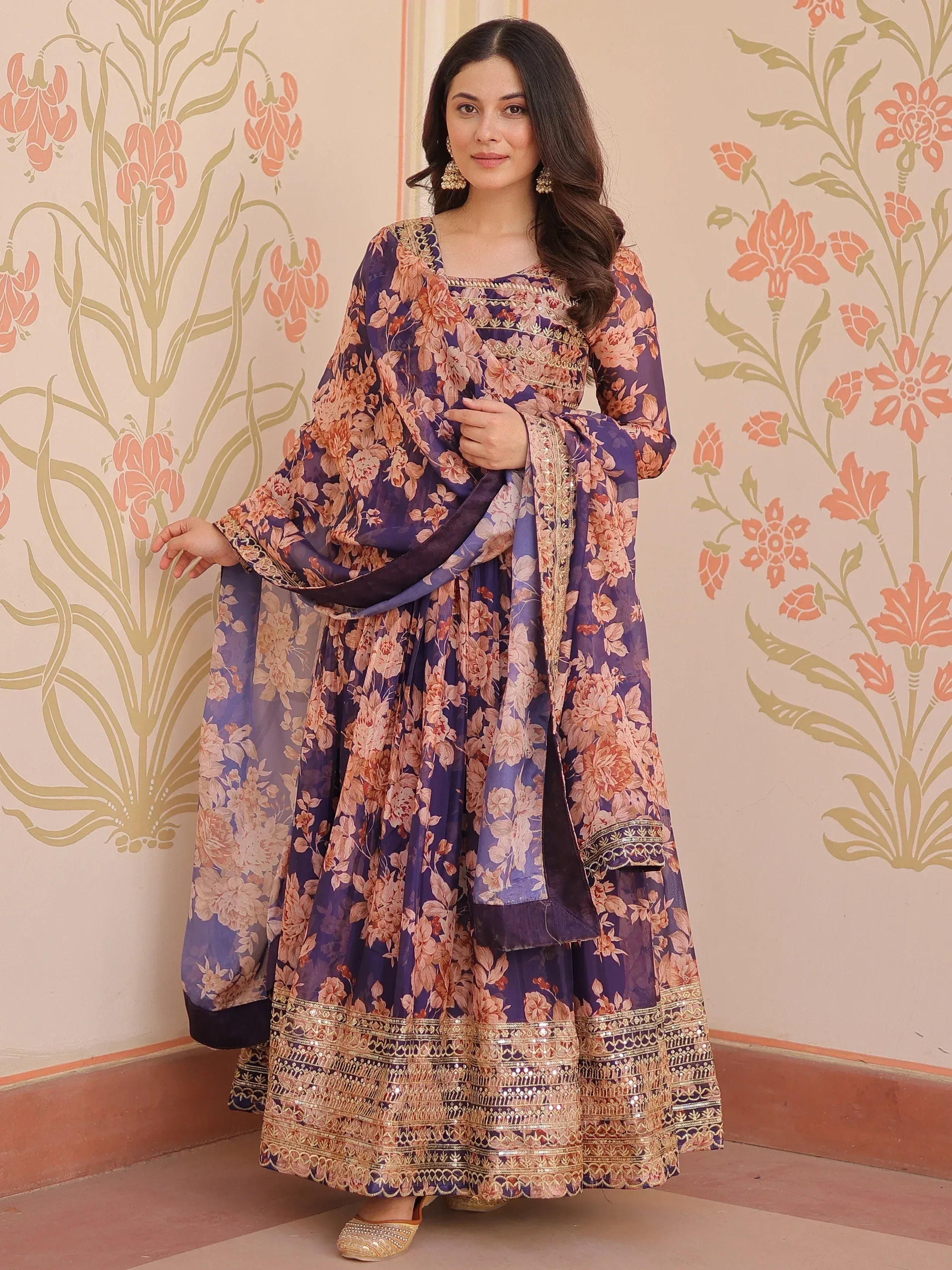 Purple floral printed ethnic anarkali suit with gold embroidery and dupatta, perfect for Indian occasions