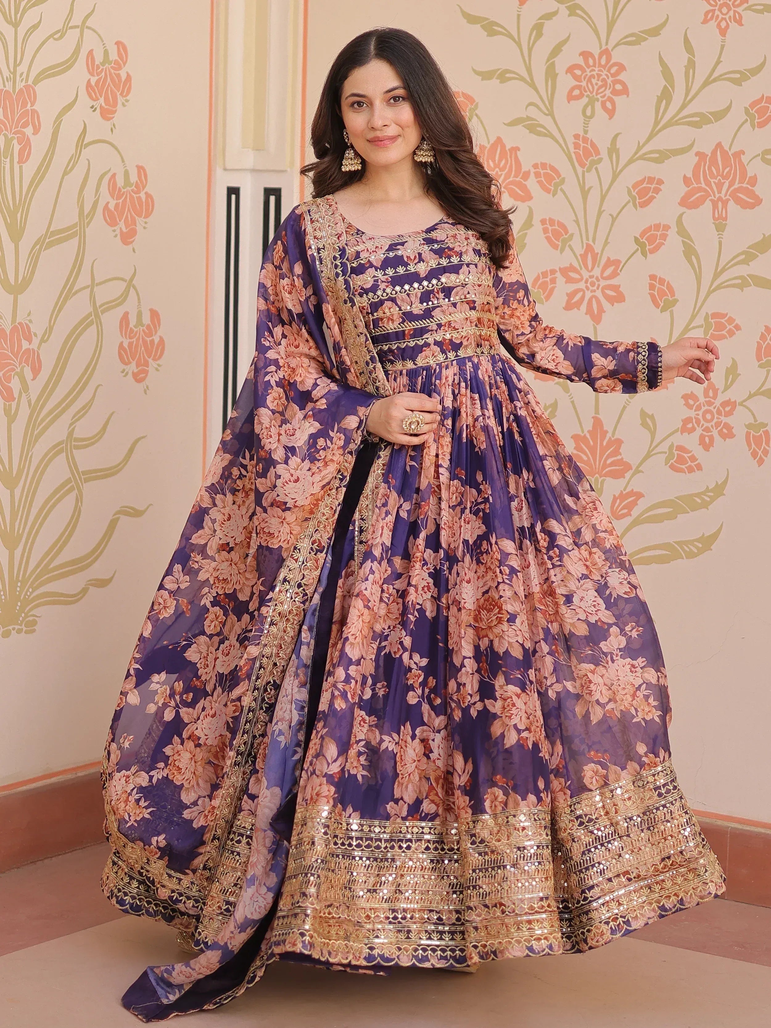 Purple floral anarkali with gold embroidery, perfect for Indian ethnic occasions