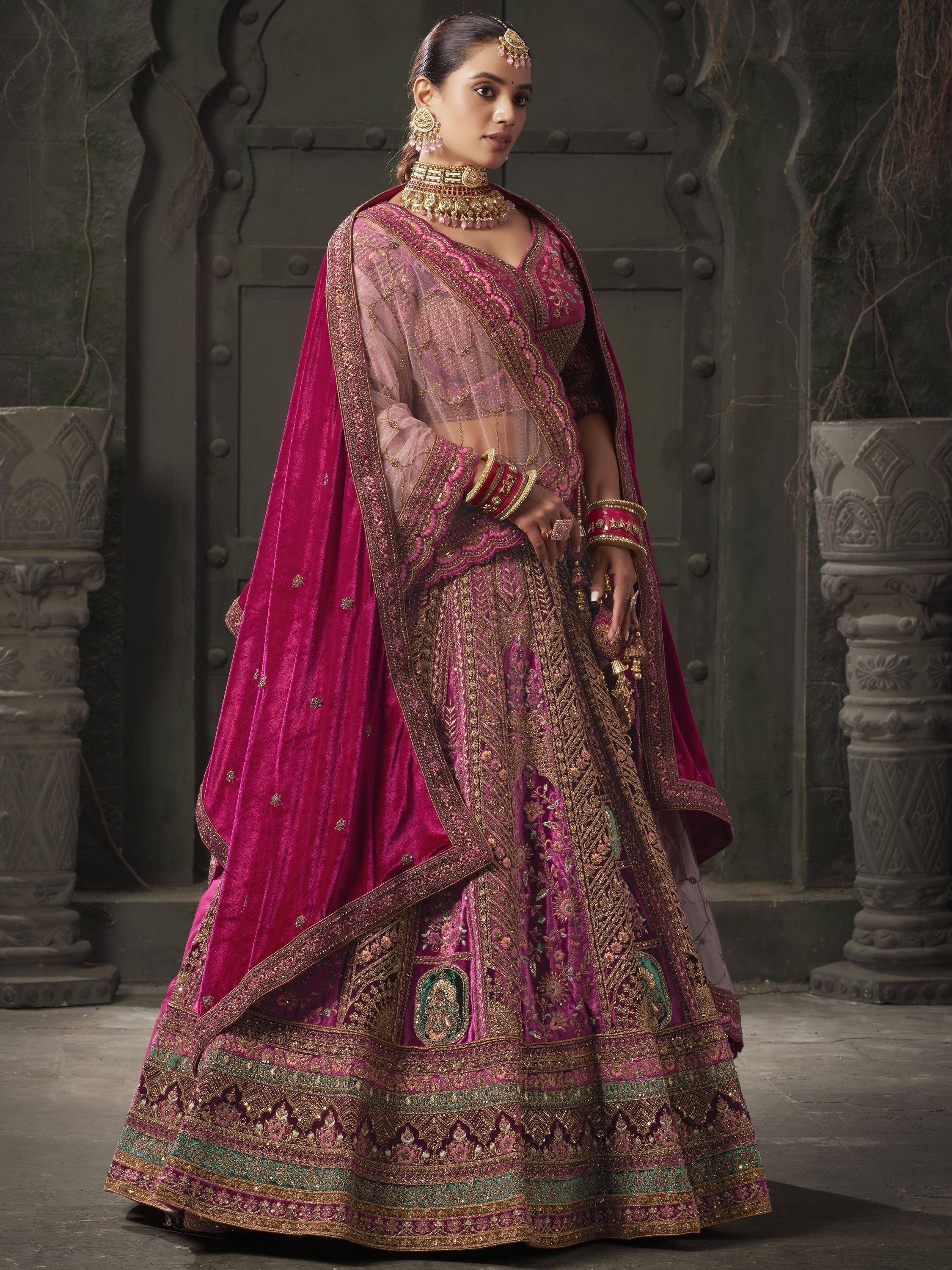 Elegant pink and gold embroidered lehenga choli with velvet dupatta, perfect for Indian weddings and festive occasions.