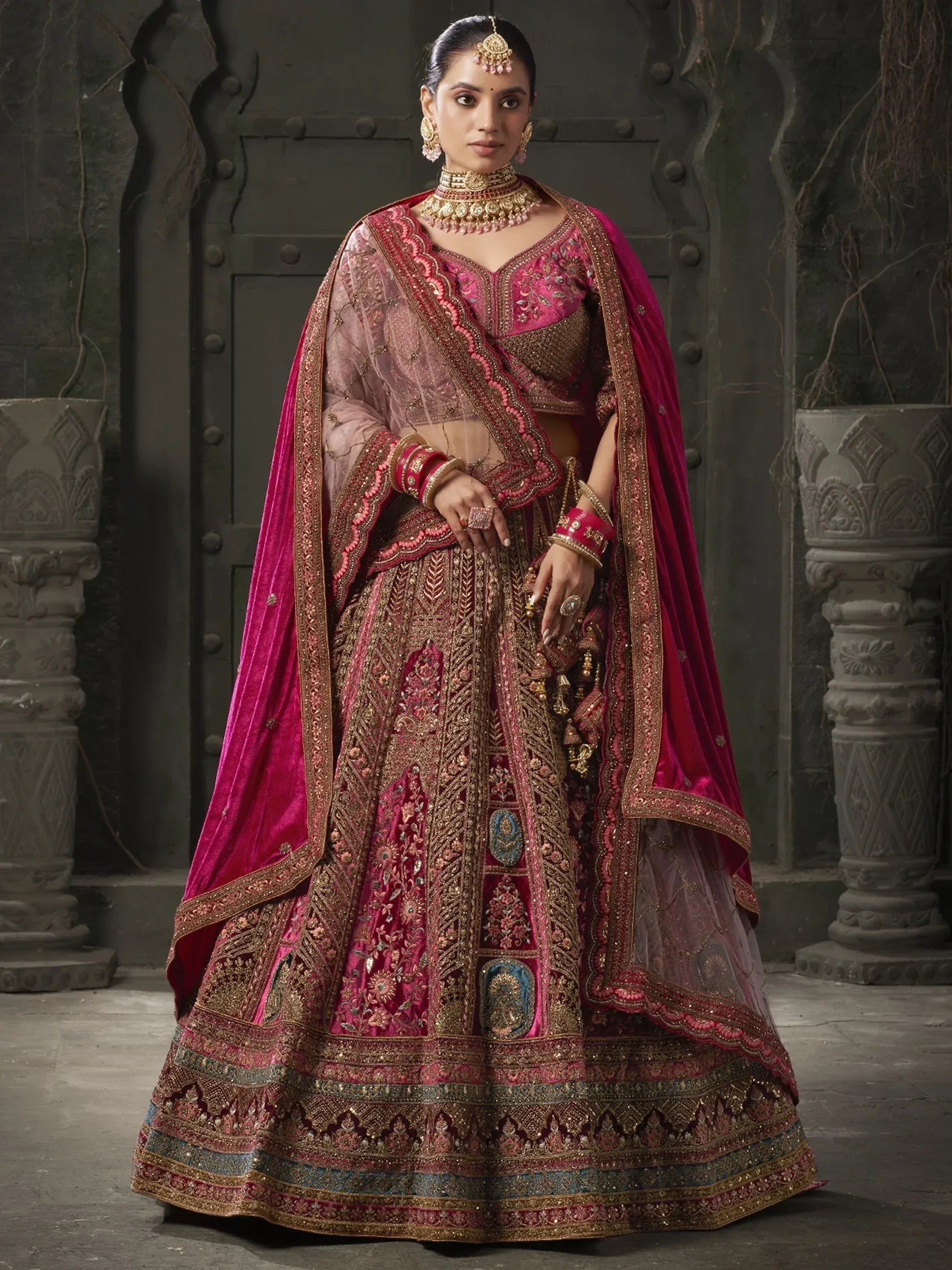 Pink and gold embroidered lehenga choli with velvet dupatta, Indian ethnic wear for weddings