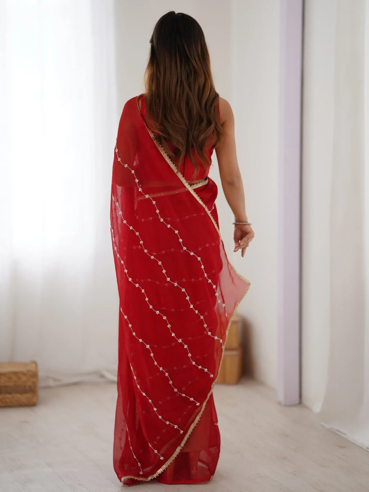 Red embroidered saree with gold border, Indian ethnic wear for women