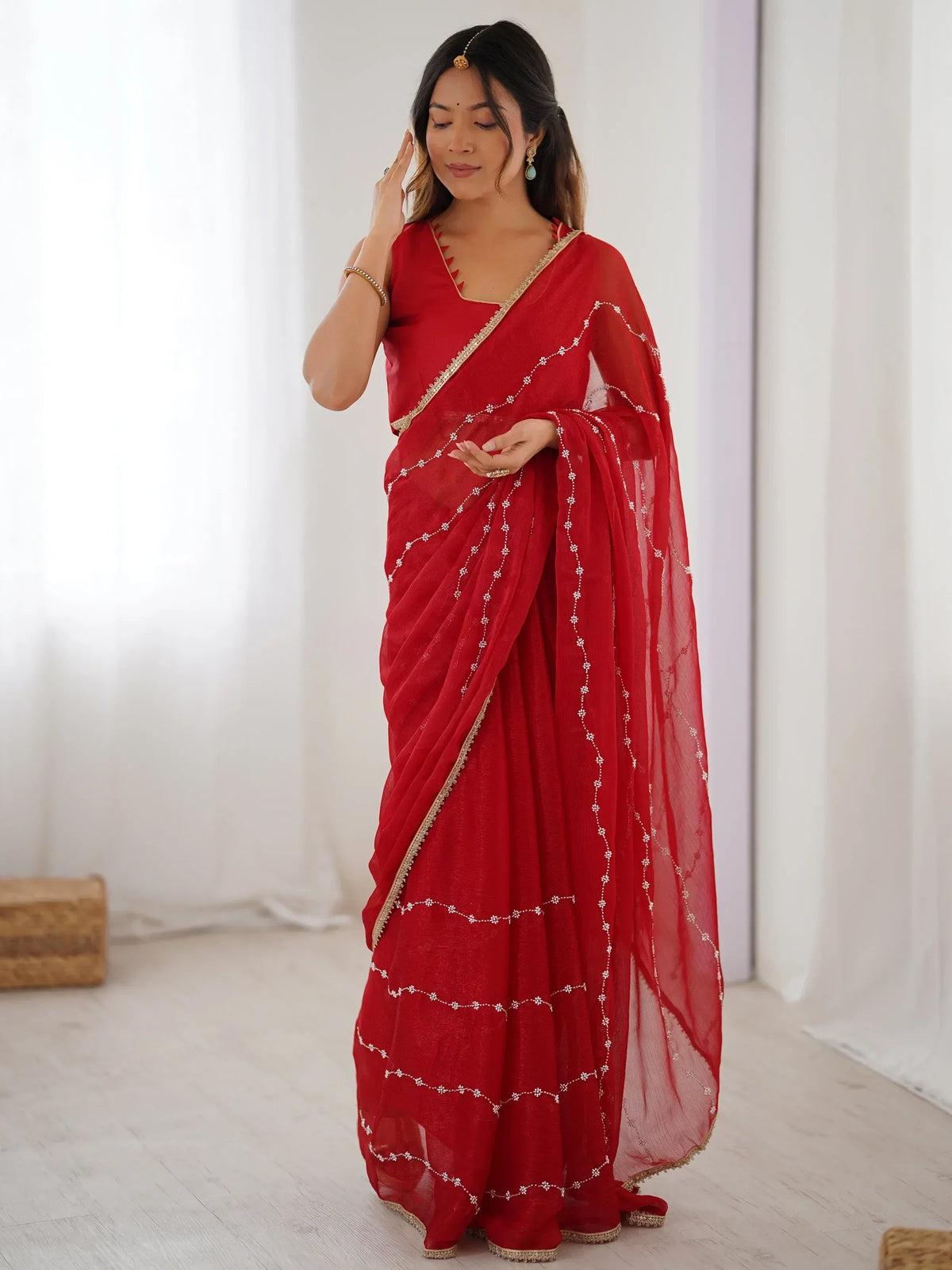 Red embroidered saree with gold border, Indian ethnic wear for women