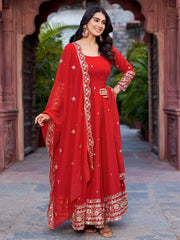 Lovely Red Georgette Sequins Work Gown With Dupatta - Ethnic Plus In