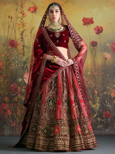 Lovely Red Jarkan Work Velvet Bridal Lehenga Choli With Double Dupatta - Ethnic Plus In