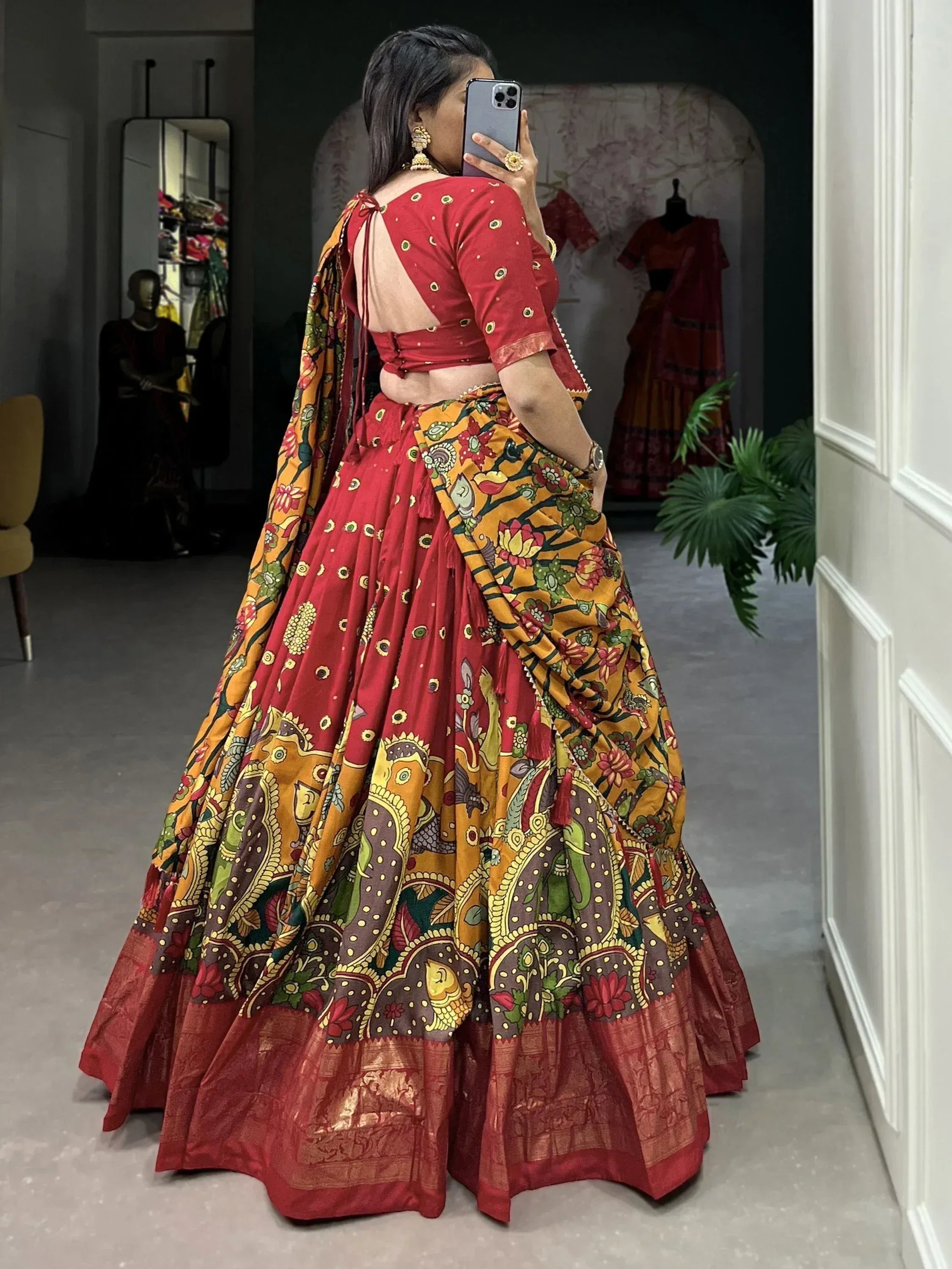 Red and yellow floral print lehenga choli with back tie blouse, ethnic Indian wear