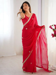 Lovely Red Silk Sequins Designer Saree With Blouse - Ethnic Plus In