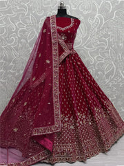 Lovely Red Thread Work Velvet Bridal Lehenga Choli With Double Dupatta - Ethnic Plus In