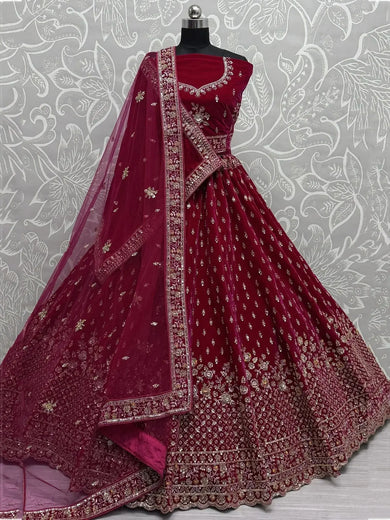 Lovely Red Thread Work Velvet Bridal Lehenga Choli With Double Dupatta - Ethnic Plus In