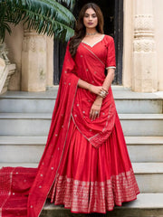 Lovely Red Zari Weaving Chanderi Silk Wedding Wear Lehenga Choli - Ethnic Plus In