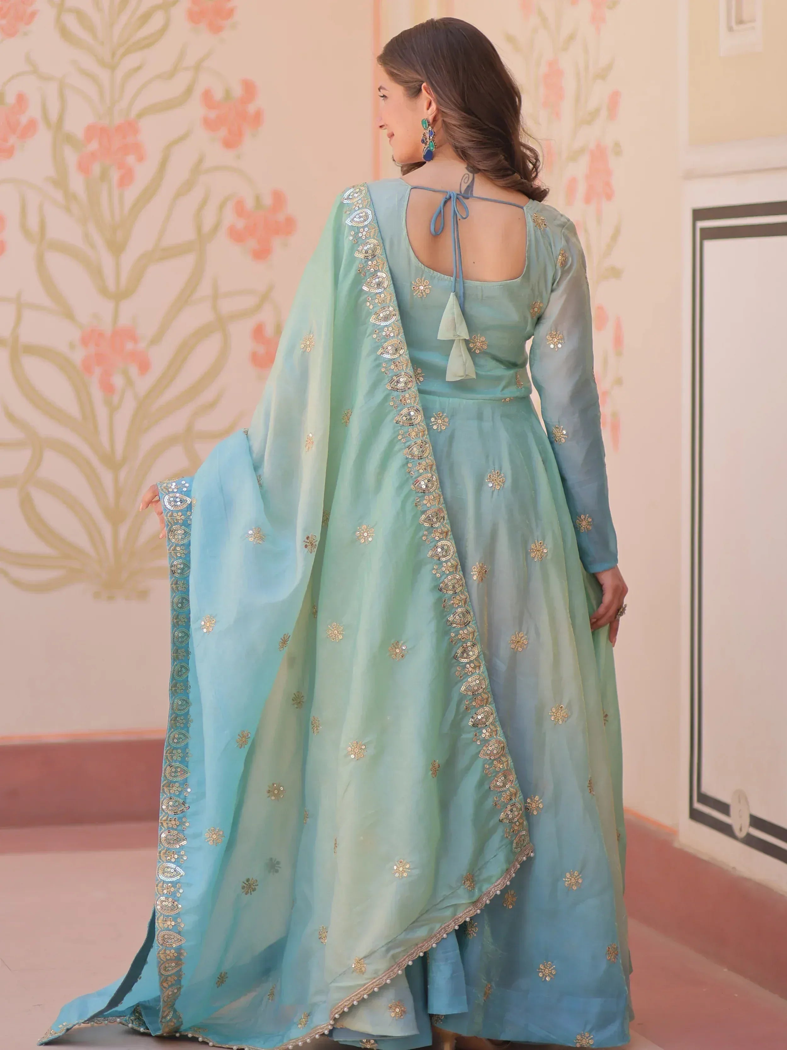 Mint blue ethnic anarkali with gold embroidery and dupatta, back view