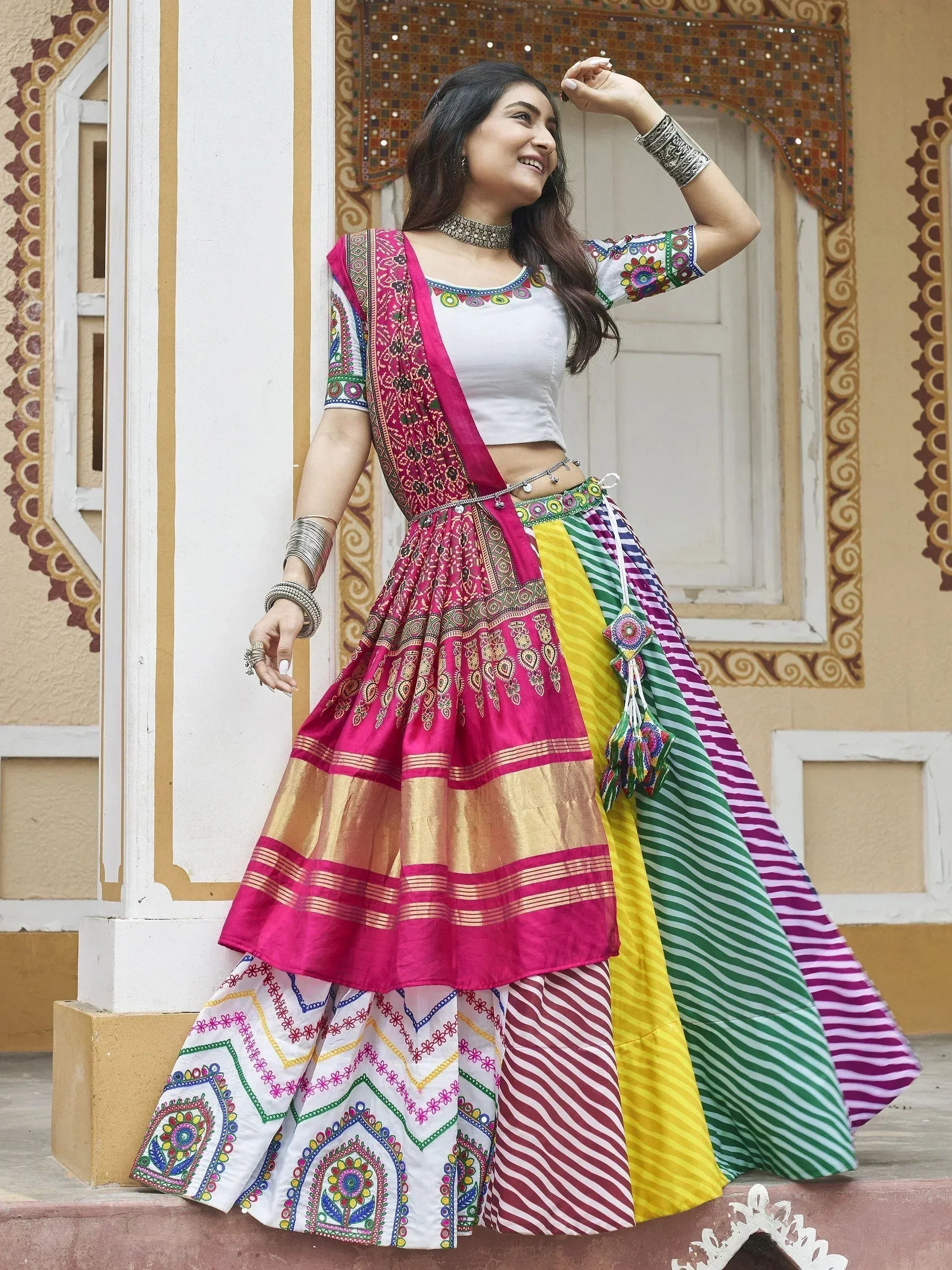 Colorful Indian ethnic lehenga choli with embroidered dupatta, perfect for festive occasions and traditional events.