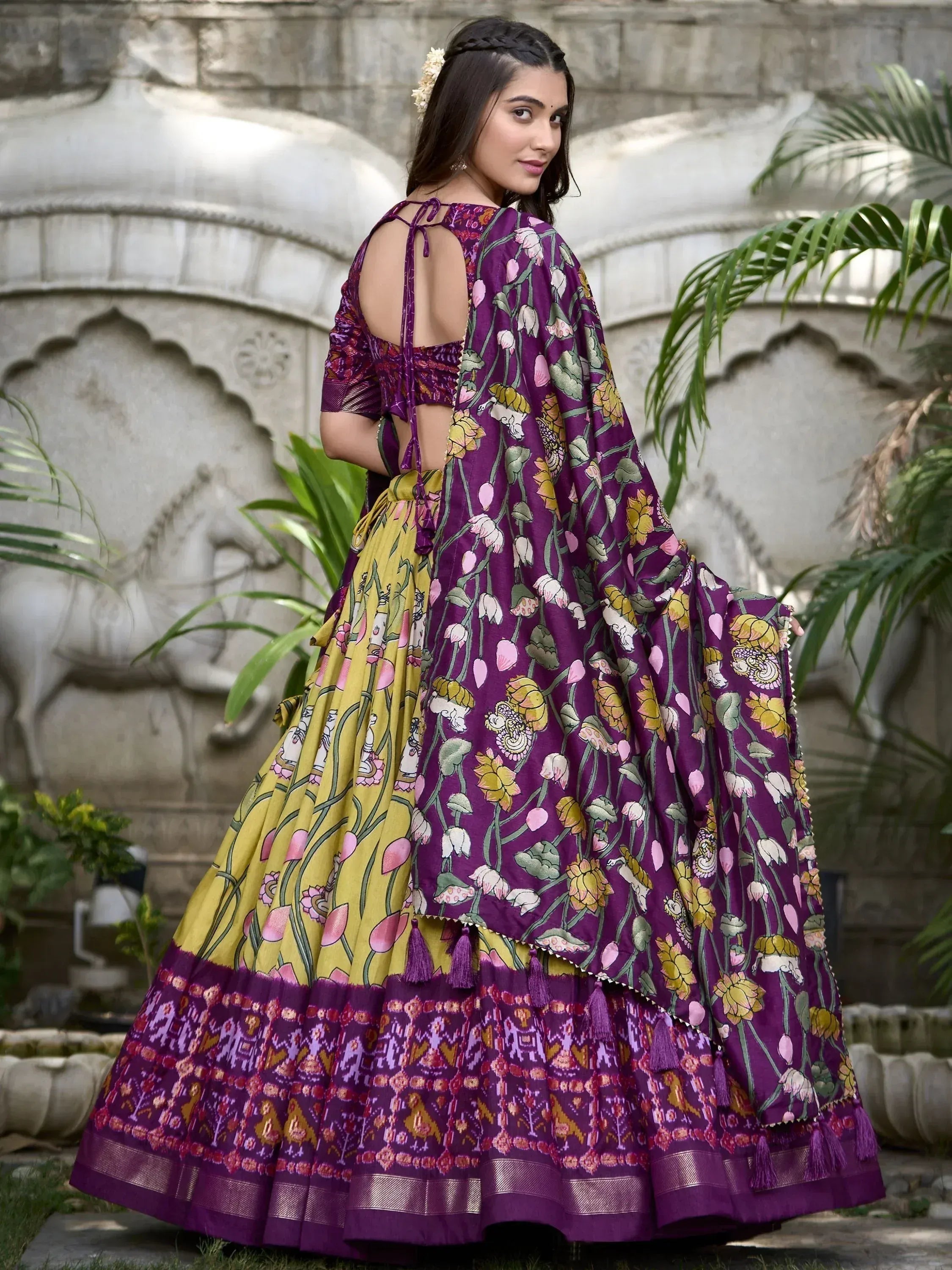 Purple and yellow floral printed lehenga choli with back tie blouse, perfect for Indian ethnic occasions