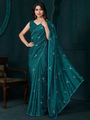 Lovely Teal Green Diamond Work Crepe Cocktail Party Wear Saree