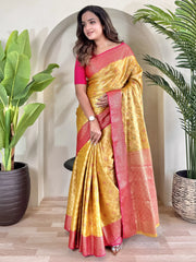 Lovely Yellow Zari Weaving Tissue Silk Traditional Saree With Blouse