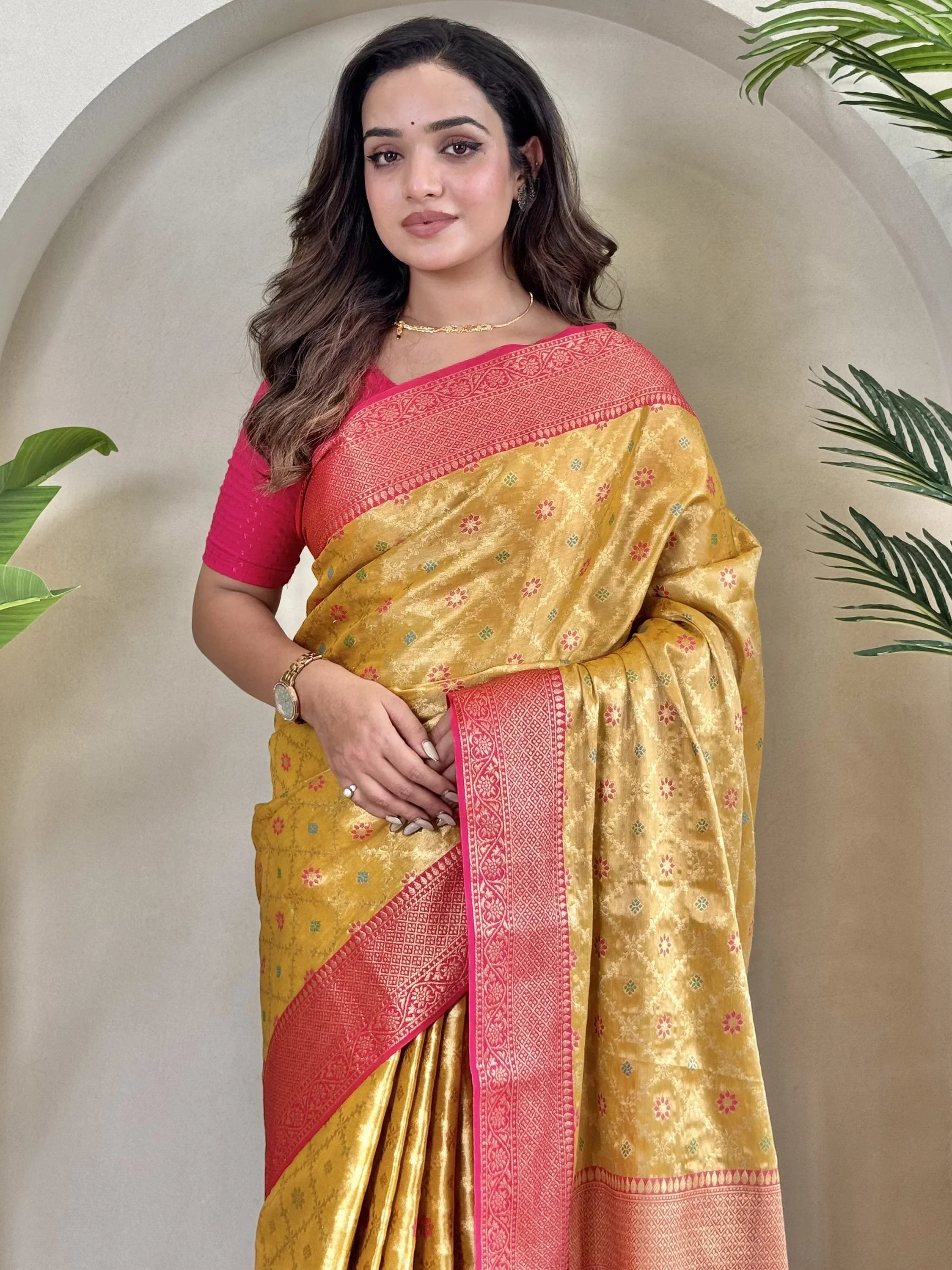 Lovely Yellow Zari Weaving Tissue Silk Traditional Saree With Blouse