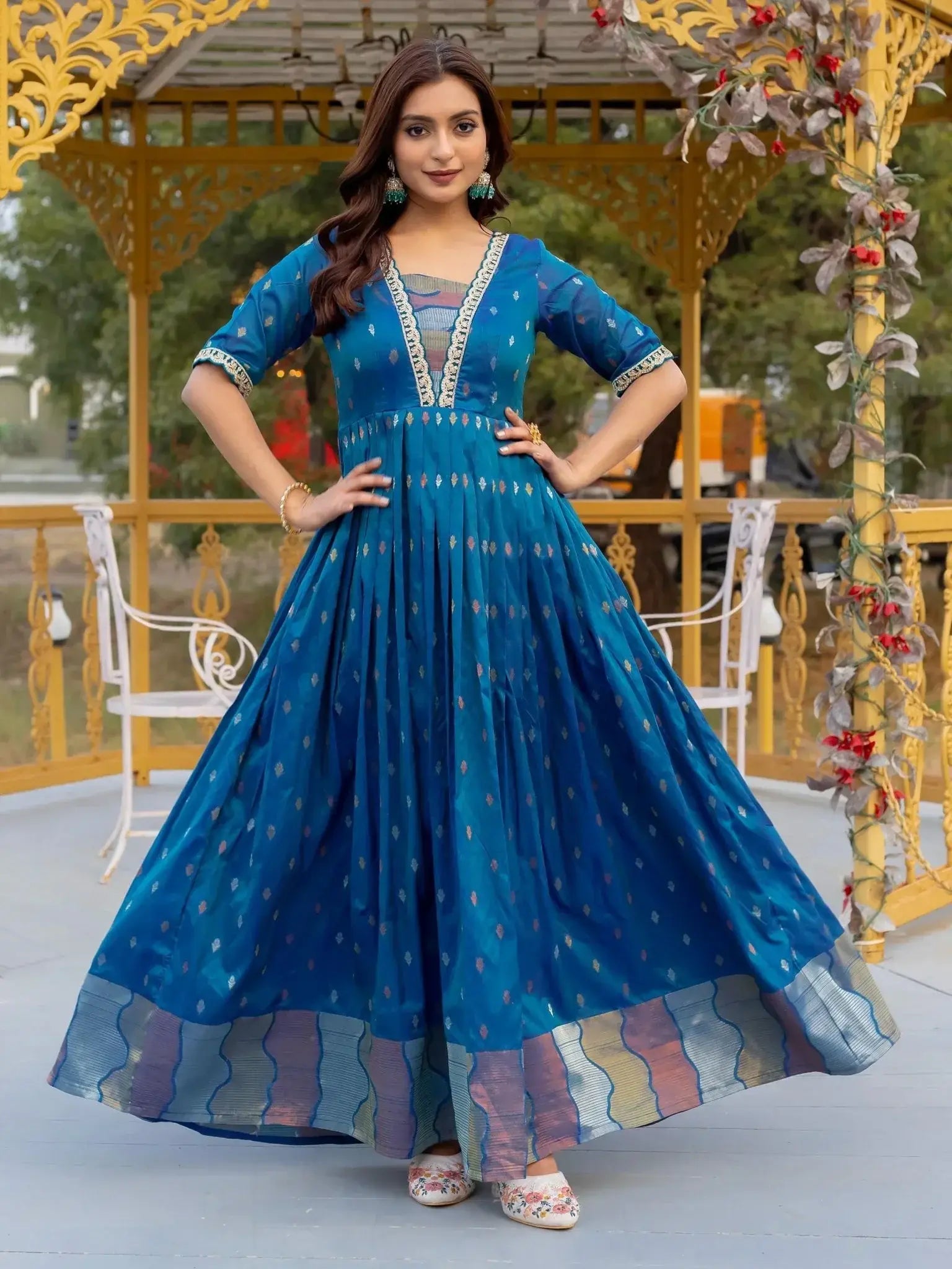 Luxurious Blue Silk Zari Weaving Festival Wear Gown - Ethnic Plus In