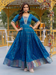 Luxurious Blue Silk Zari Weaving Festival Wear Gown - Ethnic Plus In