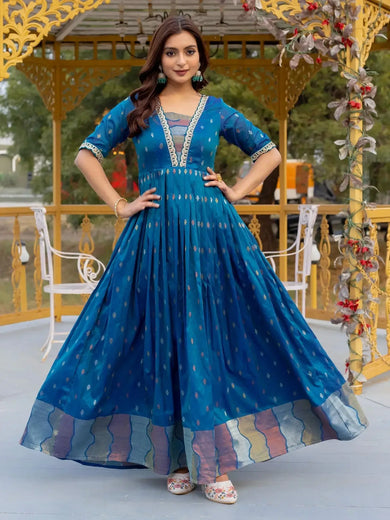 Luxurious Blue Silk Zari Weaving Festival Wear Gown - Ethnic Plus In