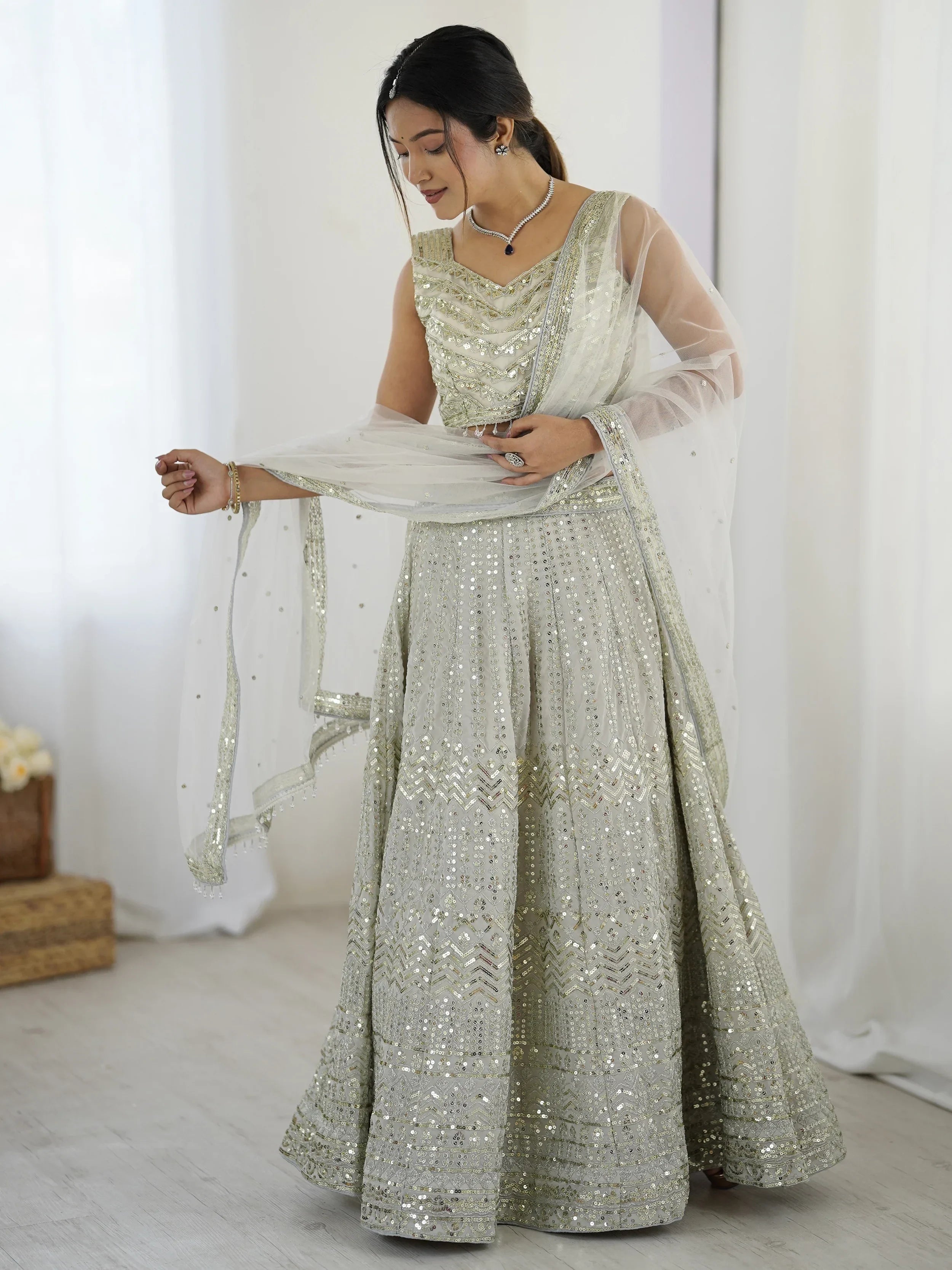 Luxurious Off White Georgette Sequins Bridemaids Lehenga Choli - Ethnic Plus In