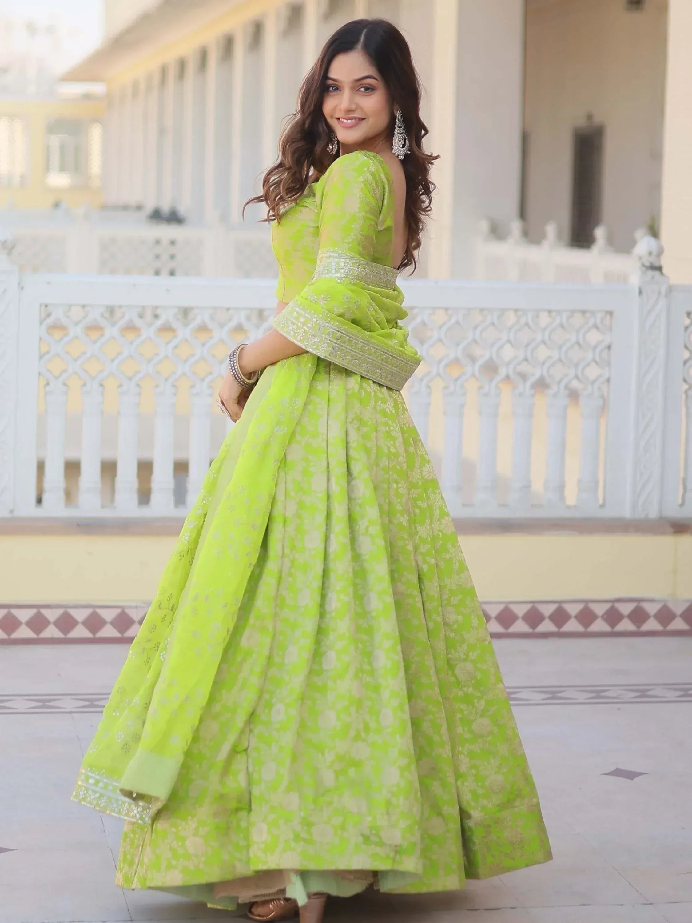 Lime green designer lehenga choli with floral print and embroidery, perfect for Indian ethnic occasions