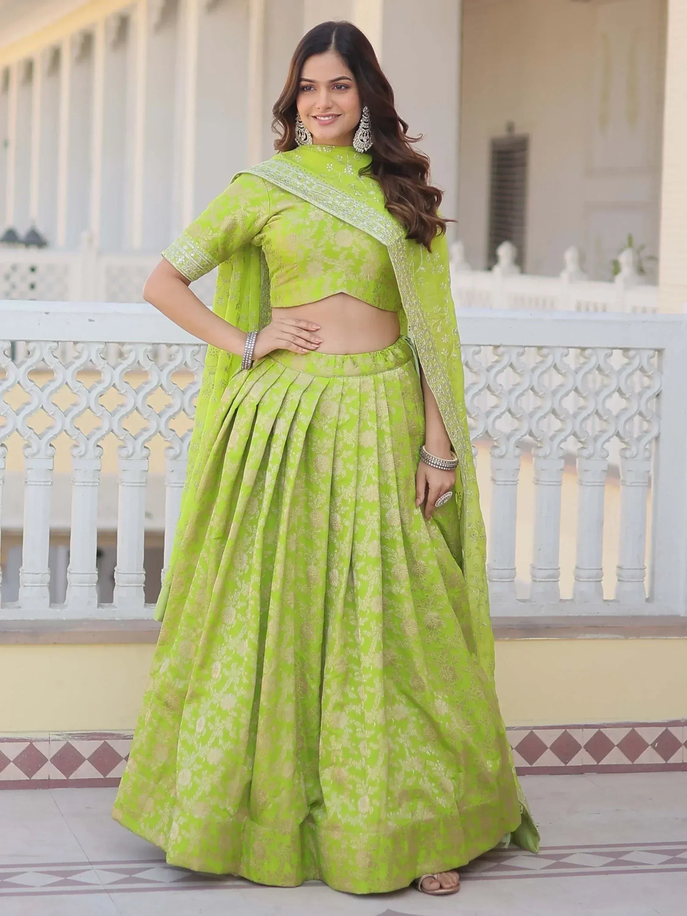 Lime green designer lehenga choli with gold floral print, perfect for Indian ethnic wear occasions