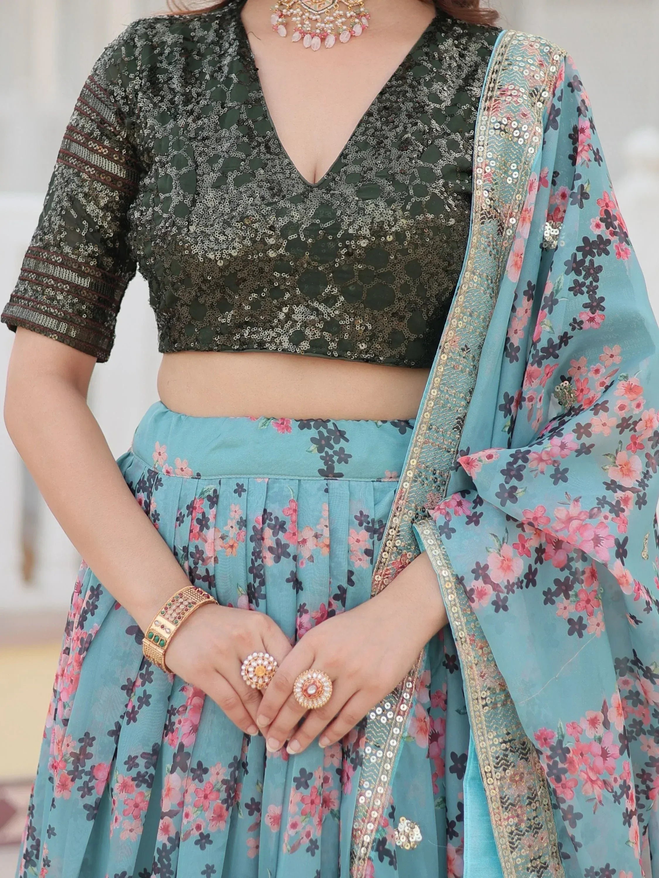 Green sequin crop top with blue floral lehenga and dupatta, Indian ethnic wear