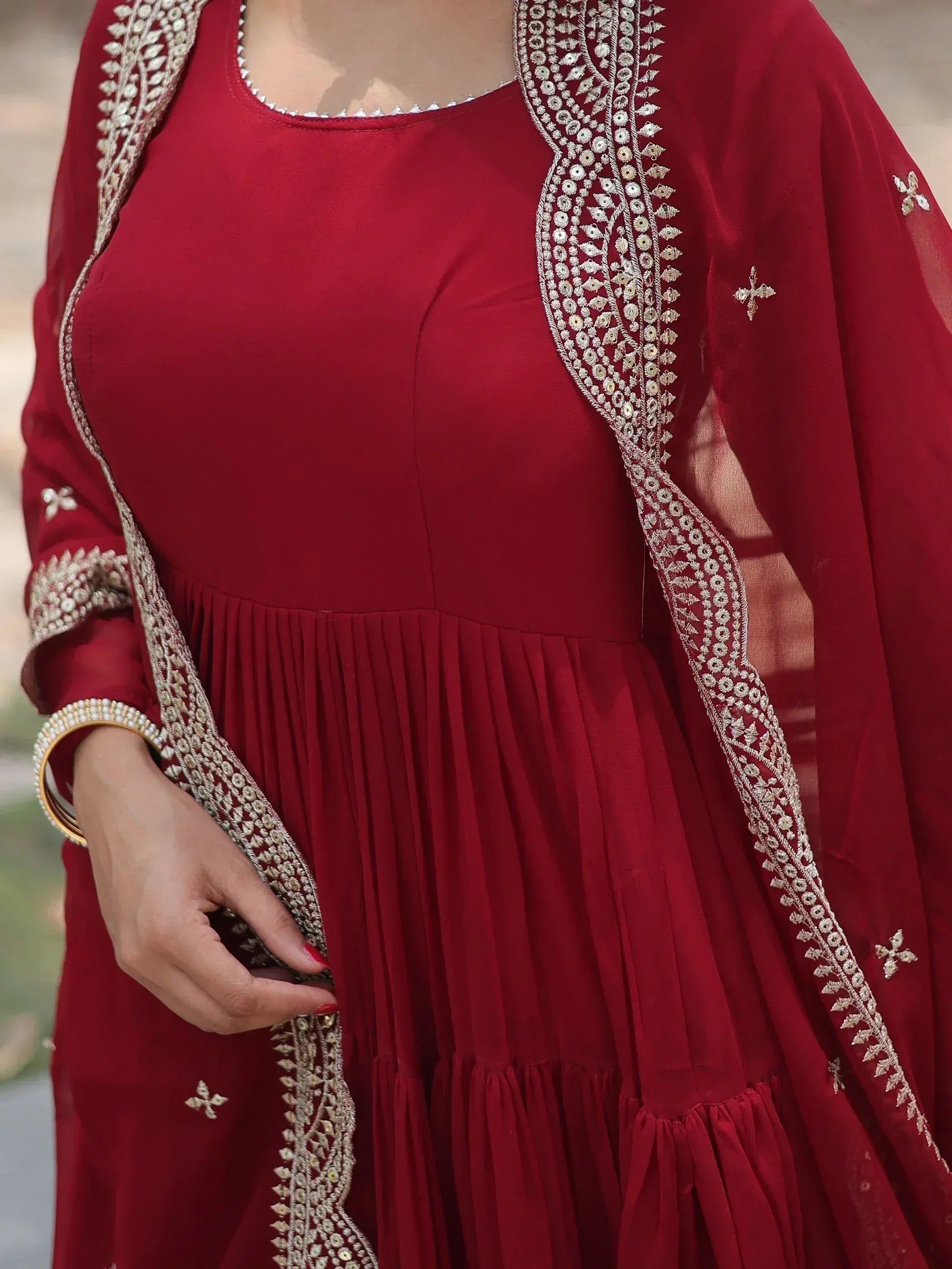 Maroon ethnic gown with gold embroidered dupatta, Indian traditional wear for women