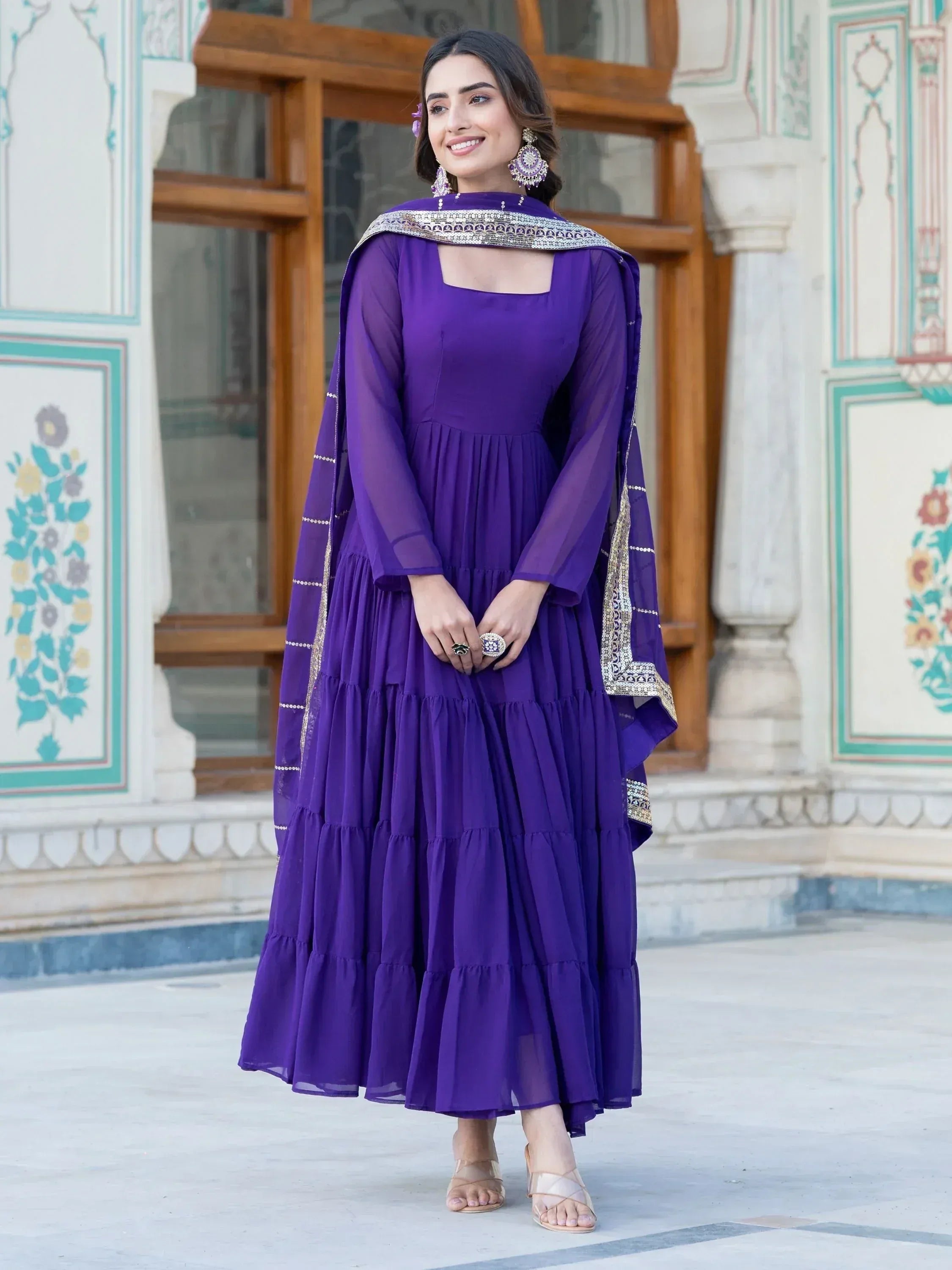 Purple tiered ethnic gown with embroidered dupatta for women