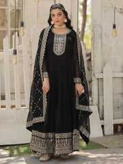 Alluring Black Sequins Georgette Reception Wear Gown With Dupatta