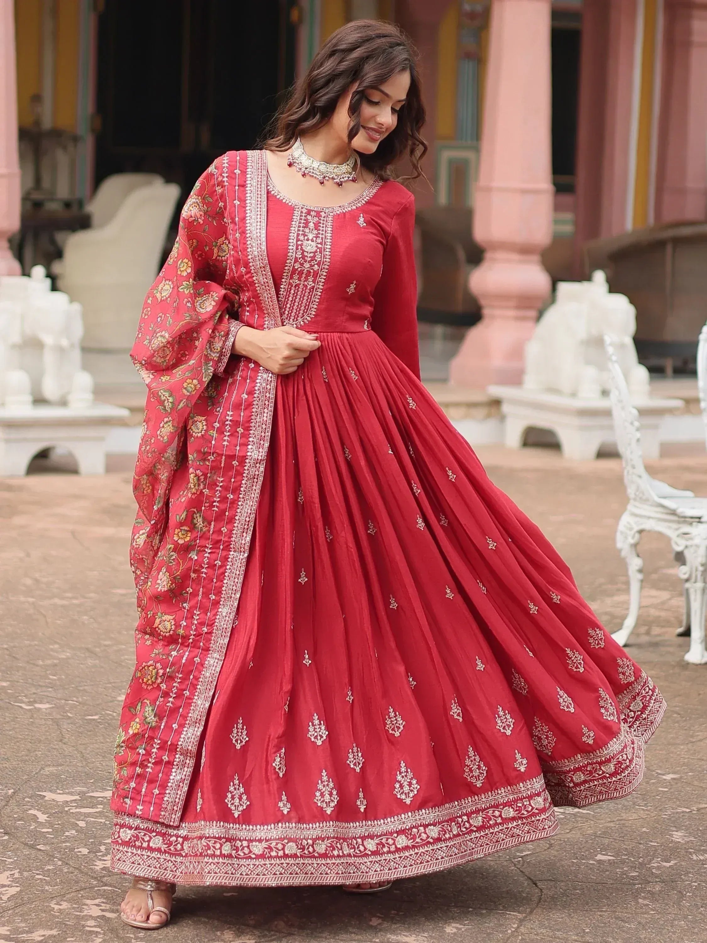Red embroidered anarkali suit with floral dupatta, perfect for Indian ethnic occasions