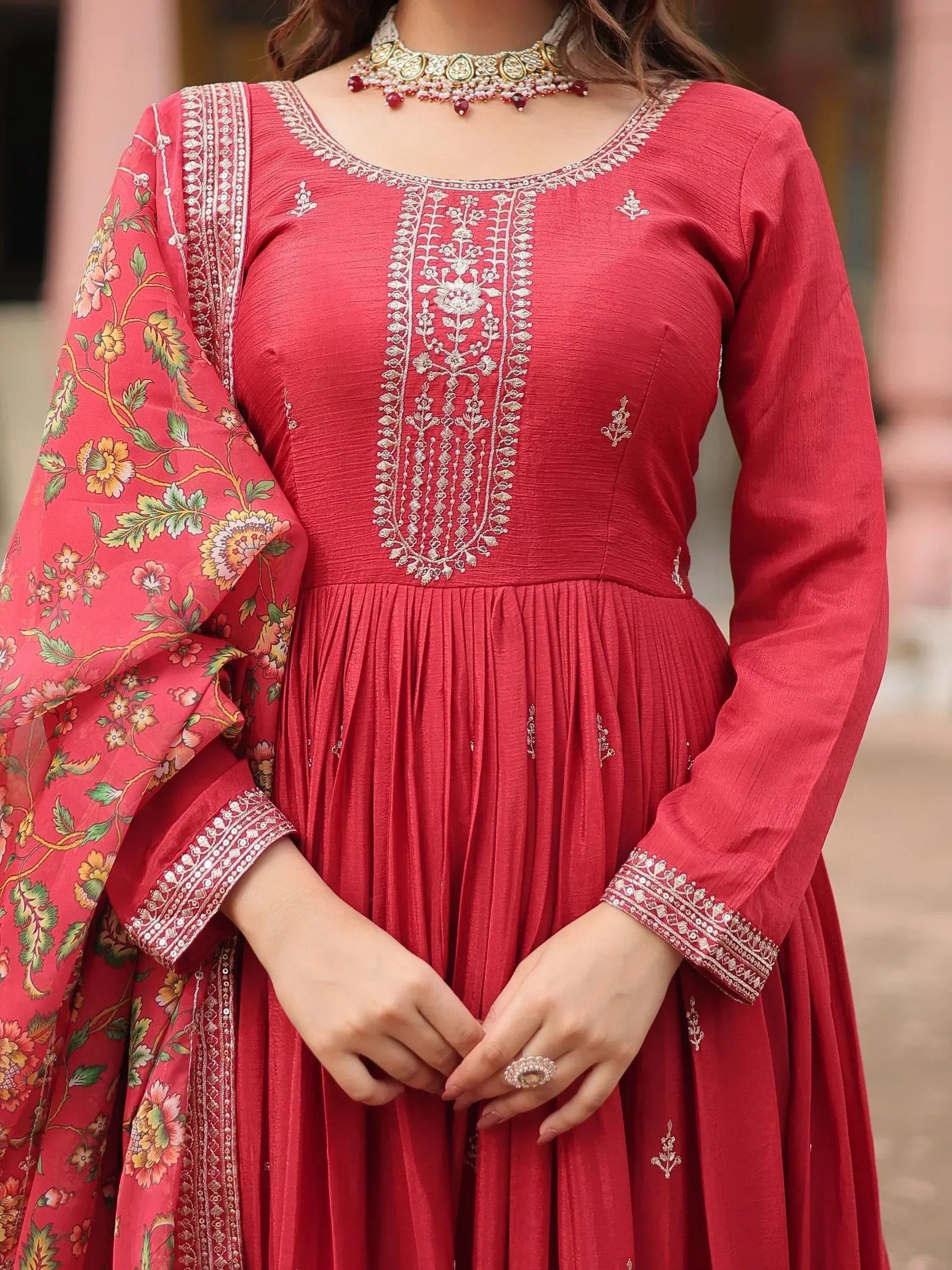 Red embroidered anarkali with floral dupatta, perfect for Indian ethnic wear occasions