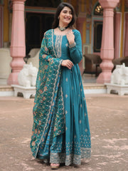 Gorgeous Rama Color Sequins Chinon Festival Wear Gown With Dupatta