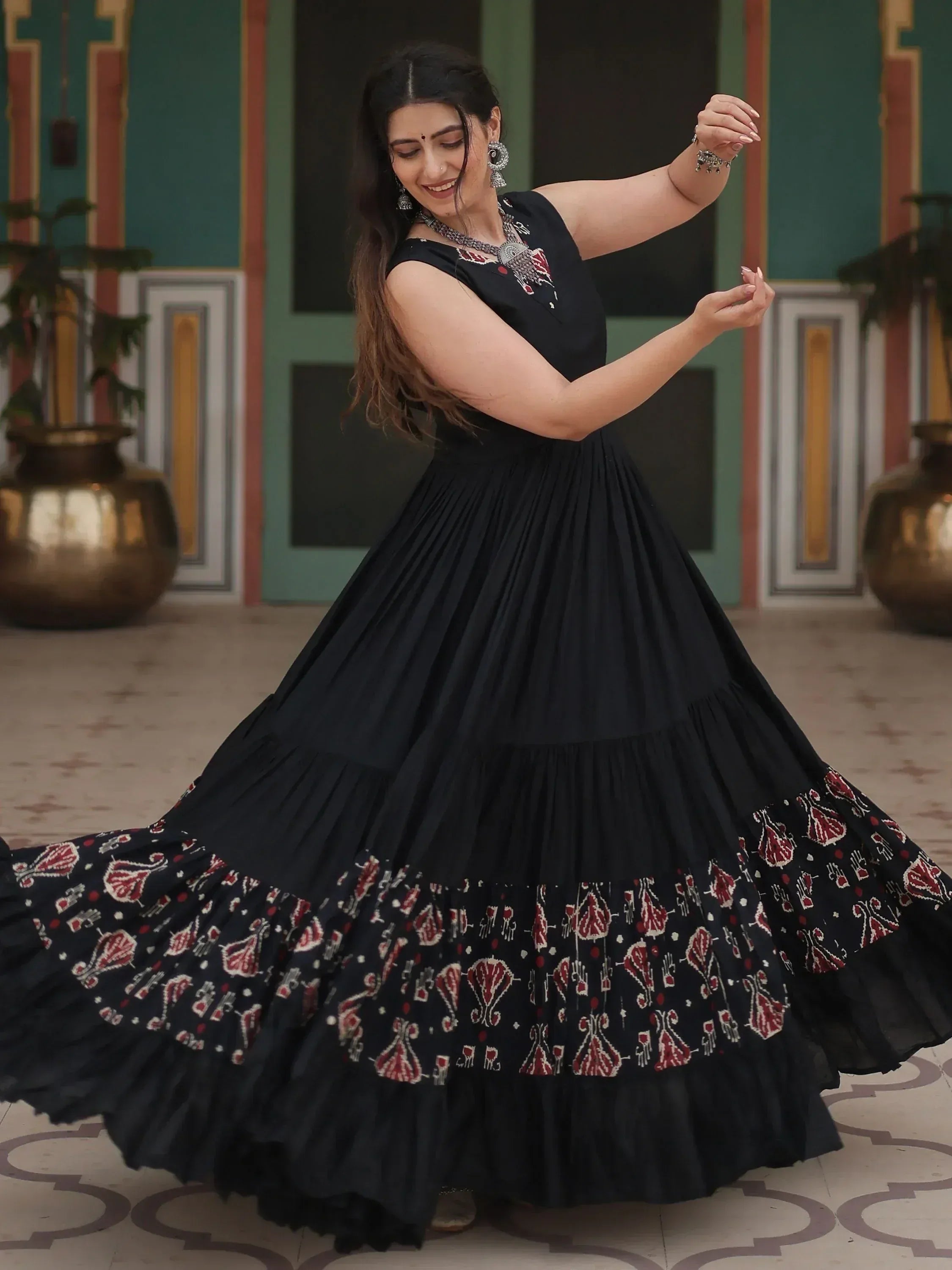 Black ethnic gown with red white print, pleated skirt, perfect for Indian occasions