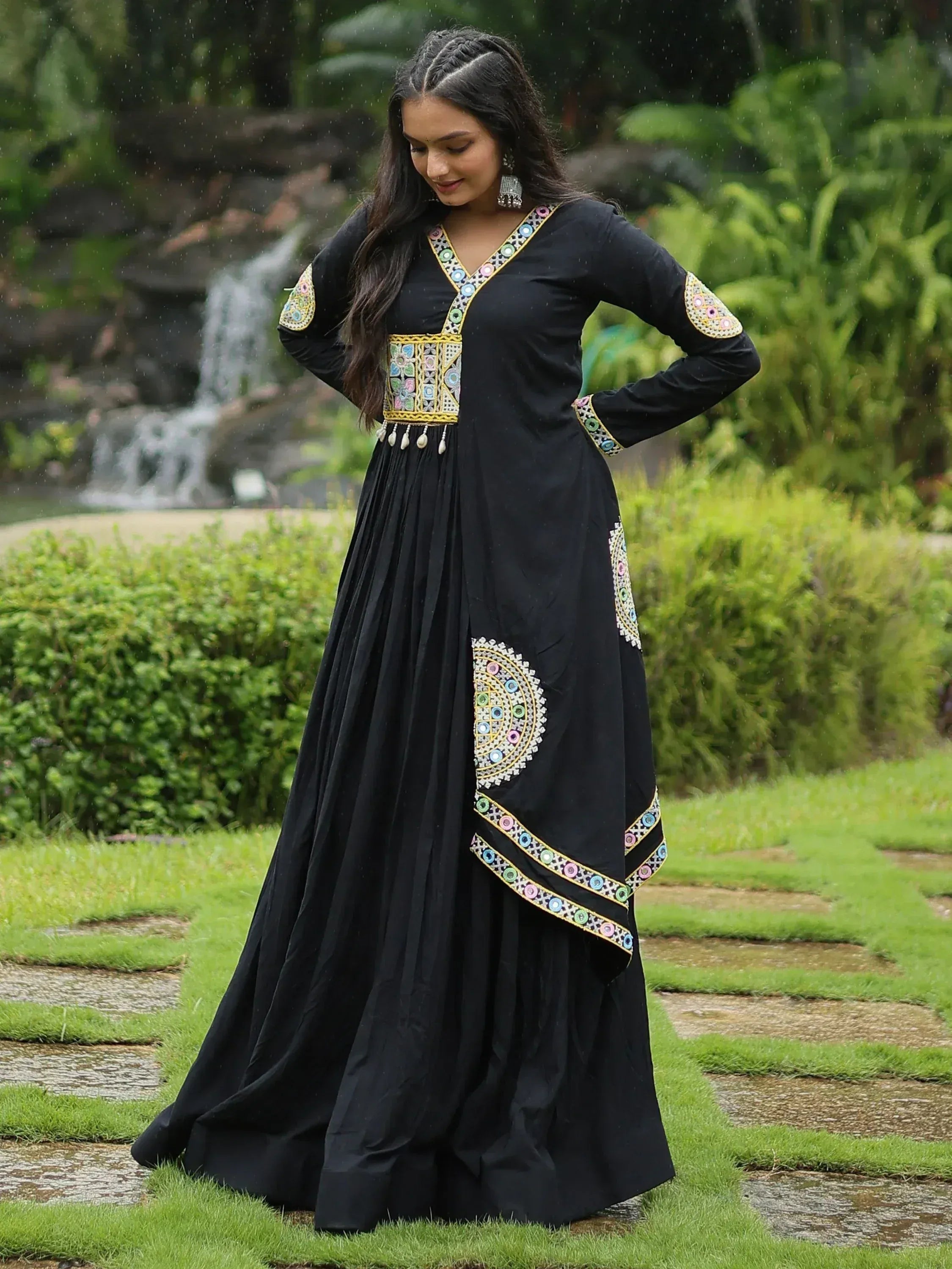 Black ethnic gown with colorful mirror work, perfect for Indian occasions and festive wear.