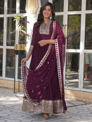 Adorable Purple Sequins Georgette Wedding Anarkali Gown With Dupatta
