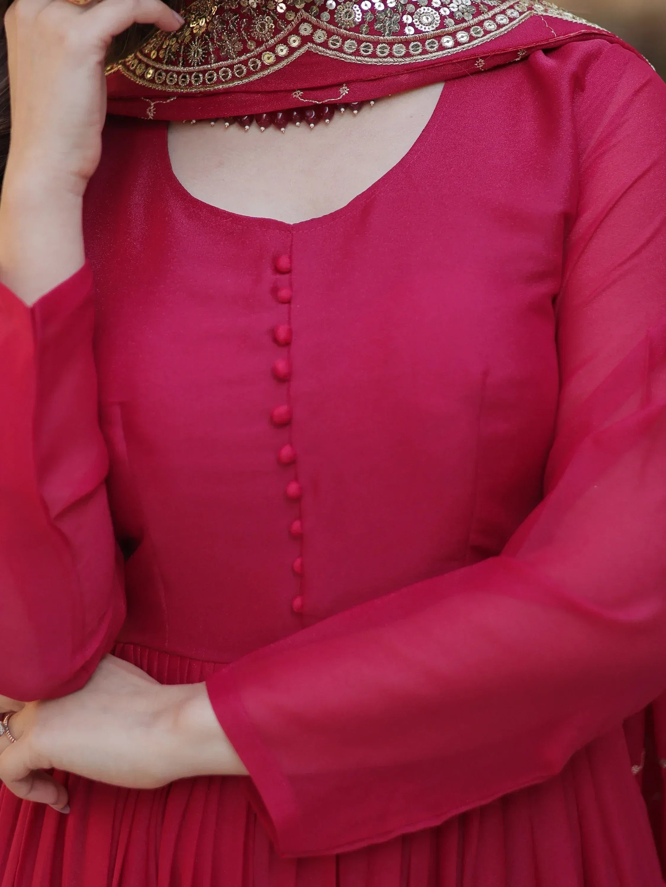 Fuchsia Indian ethnic salwar kameez with sequin dupatta and front buttons